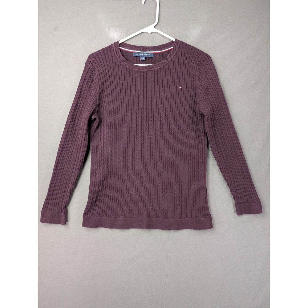 Tommy Hilfiger Womens Purple Cable Knit Long Sleeve Crew Neck Sweater Large